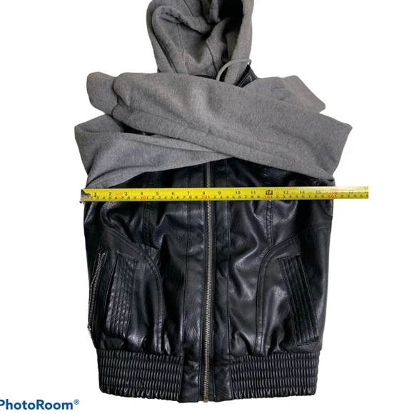 Womens Vegan Faux Leather Jacket Small Miss London Zip Up Hoodie Black/Gray - Picture 11 of 12